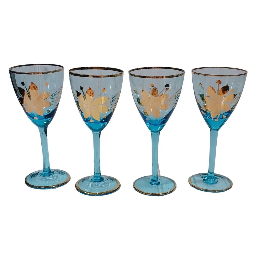 Mid Century Italian Art Glass Wine Cordial Glasses 24K Gold Turquoise Aqua Blue - Picture 2 of 7
